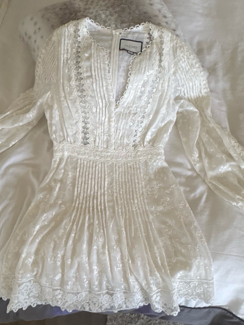 Alexis White Long-Sleeve Lace Pintuck Dress